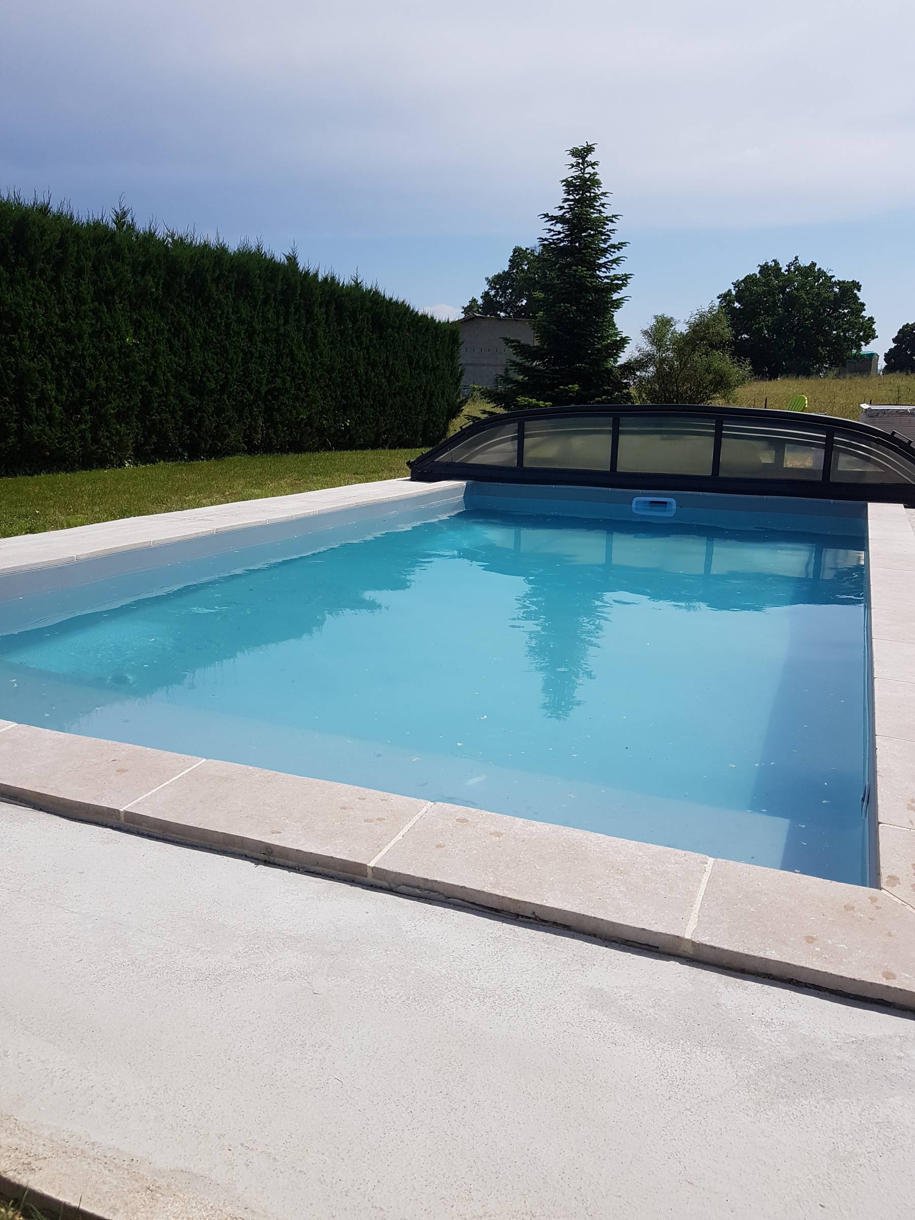 Réalisation d'une piscine rectangulaire de 6mX3m avec banquette sur toute la largeur situé à Limas.