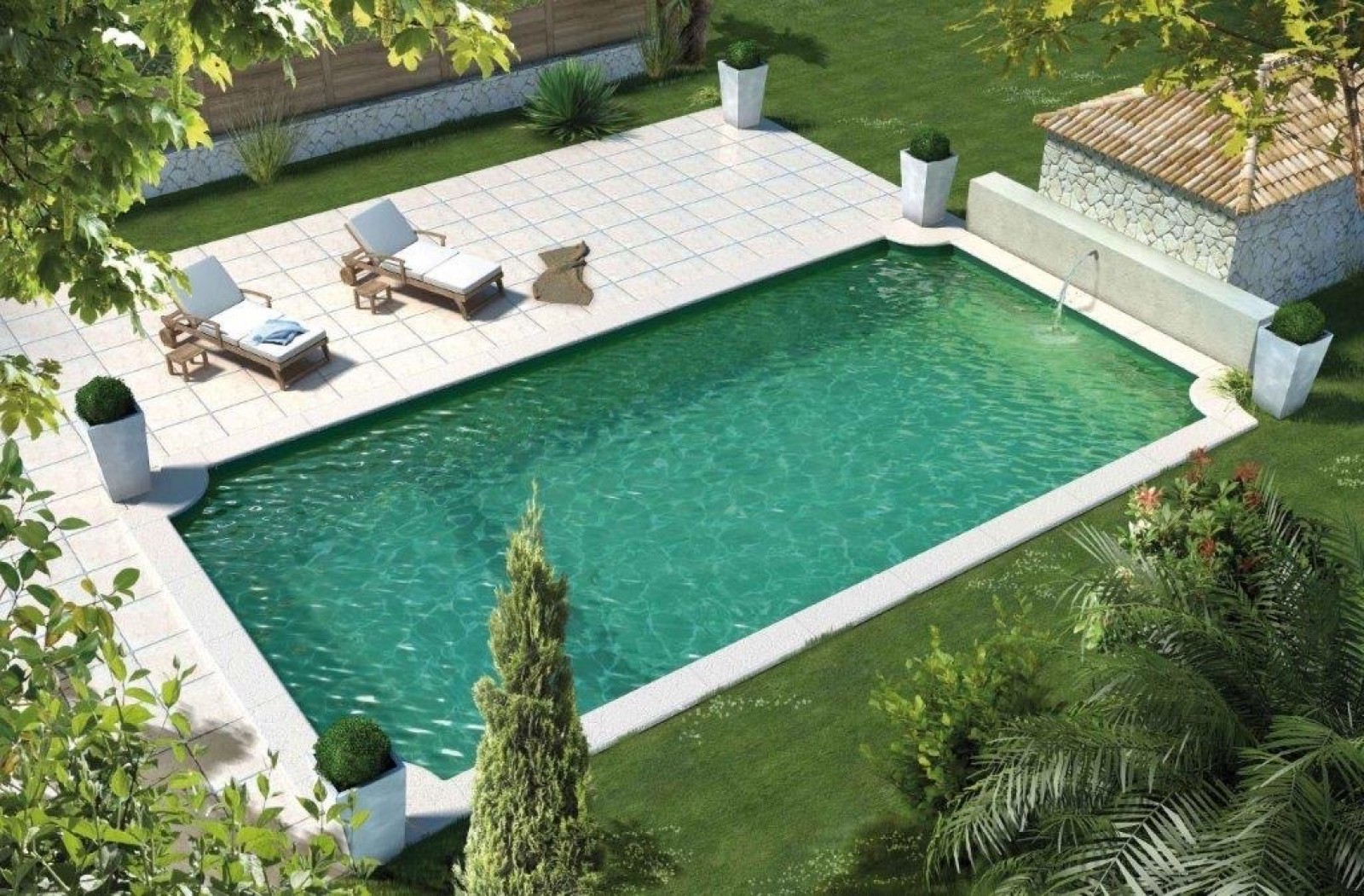 Construction d'une piscine Rectangulaire de 8m x 4m avec une forme arrondi sur chaque angle situé à LISSIEU